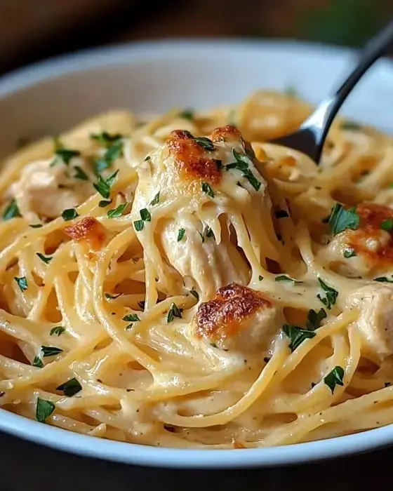 A close-up of a bowl of creamy spaghetti topped with pieces of chicken and garnished with parsley.