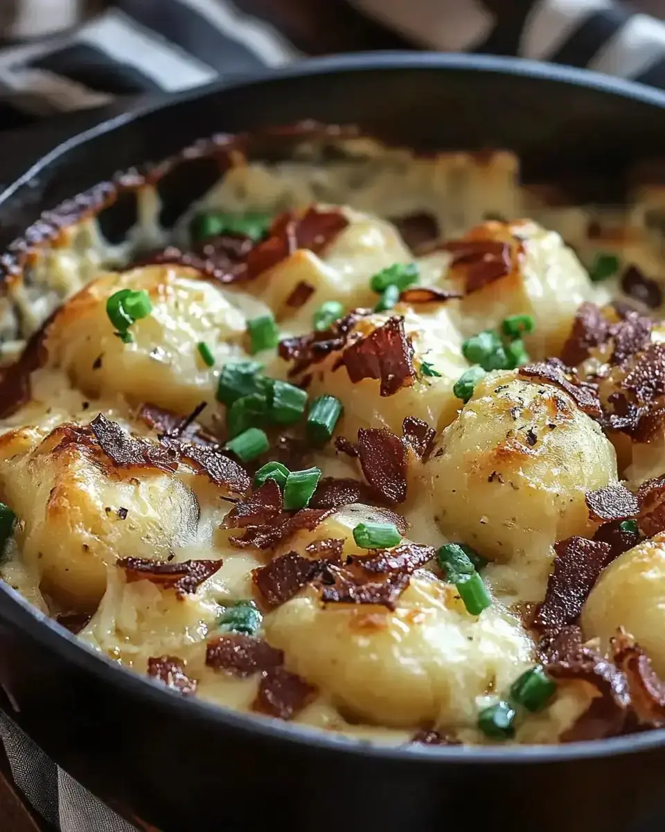 A close-up image of a skillet dish featuring golden brown gnocchi topped with crispy bacon bits and chopped green onions in a creamy sauce.