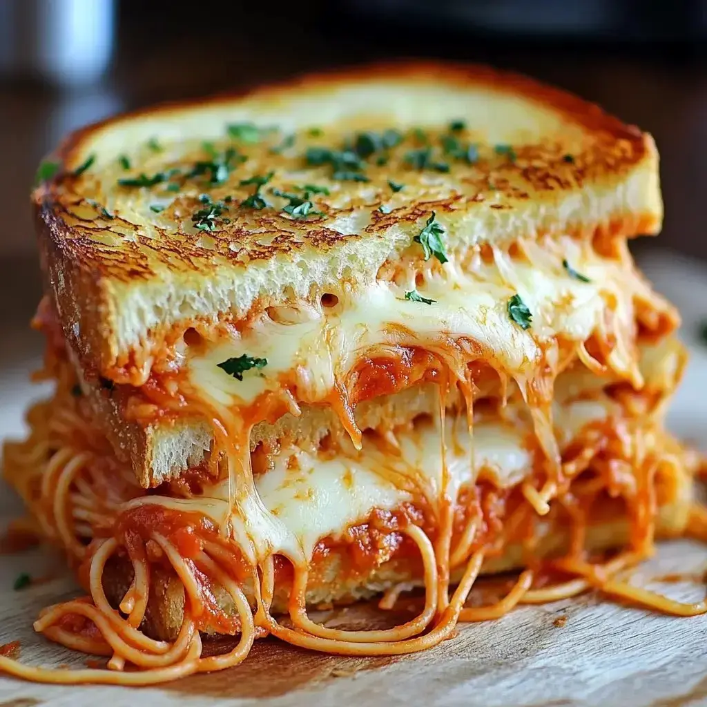 A grilled cheese sandwich filled with spaghetti and marinara sauce, topped with melted cheese and herbs, is displayed on a wooden surface.