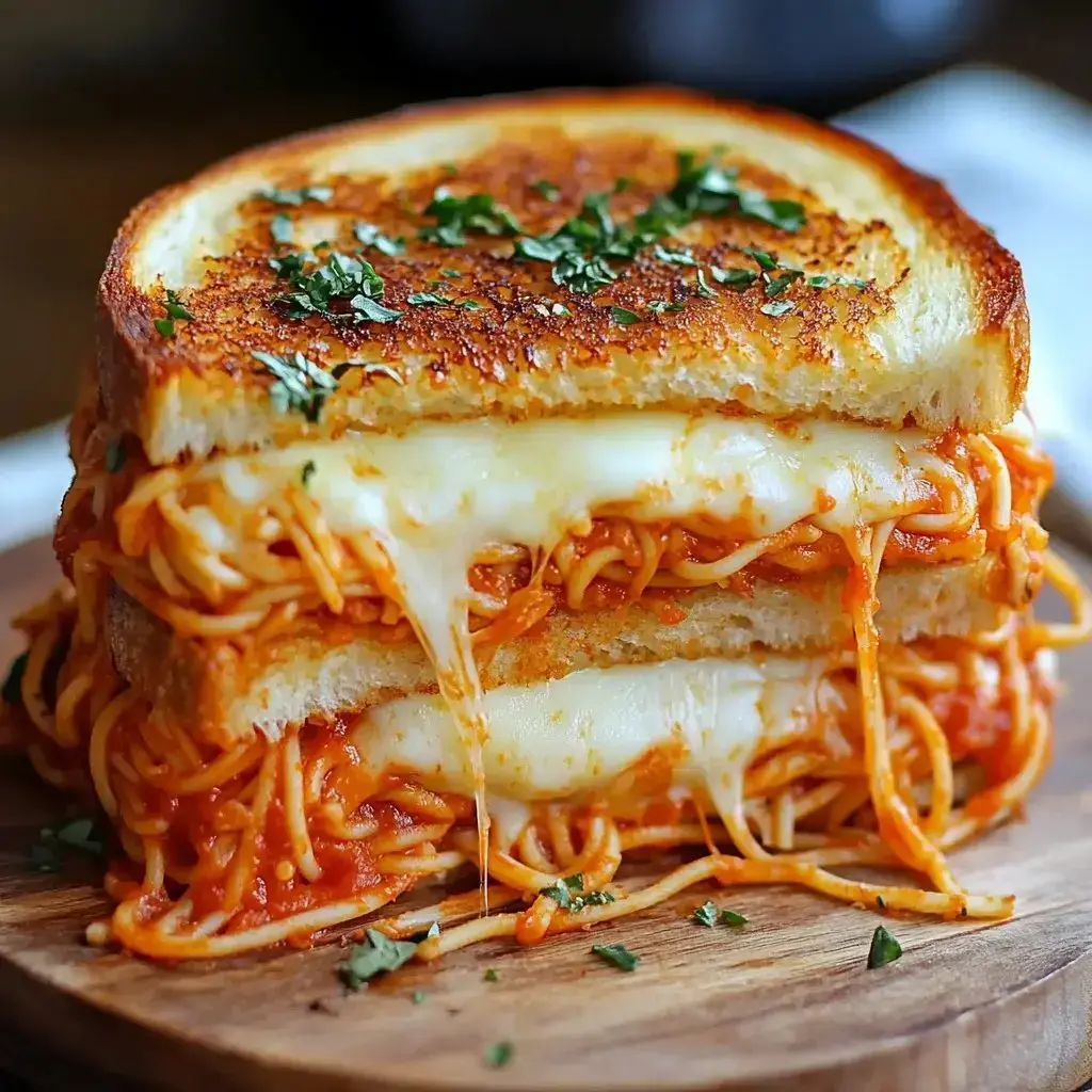 A close-up of a grilled cheese sandwich filled with spaghetti and marinara sauce, garnished with parsley.