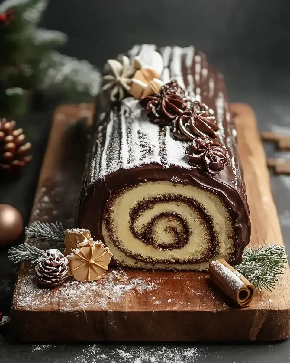 A beautifully decorated chocolate yule log cake sits on a wooden board, surrounded by festive garnishes including pine cones and greenery.