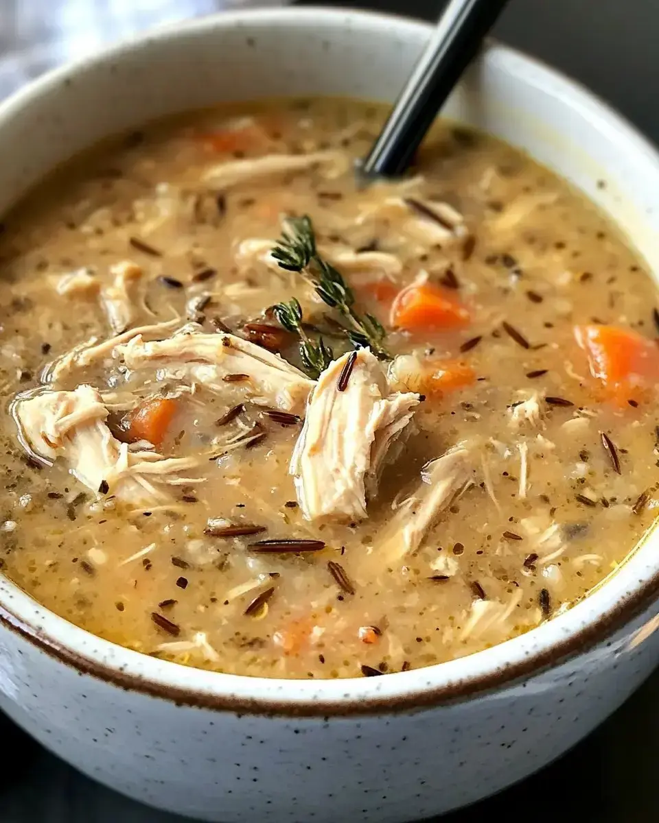 A close-up of a bowl of creamy chicken soup with shredded chicken, carrots, and herbs.