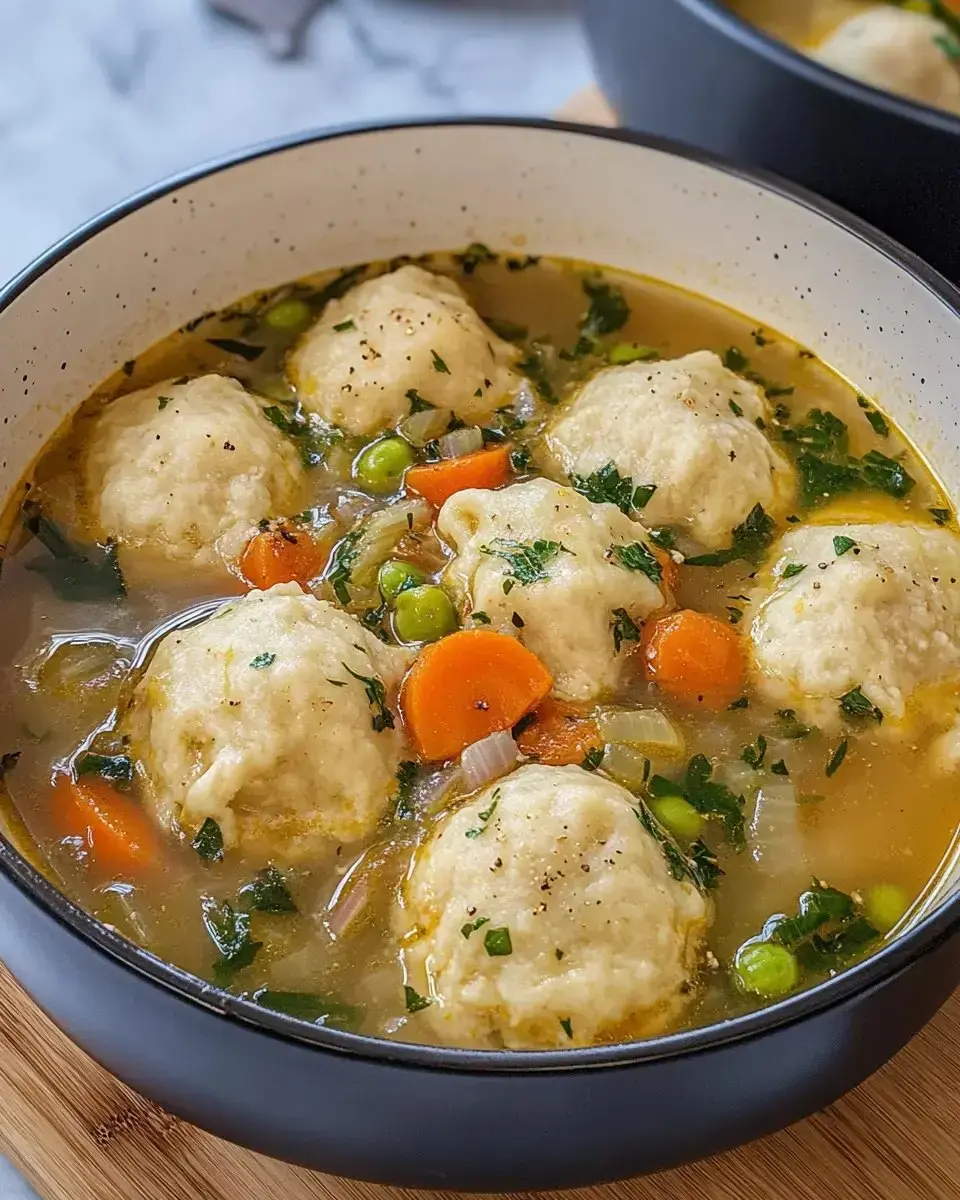 A bowl of soup with fluffy dumplings, carrots, peas, and herbs in a savory broth.