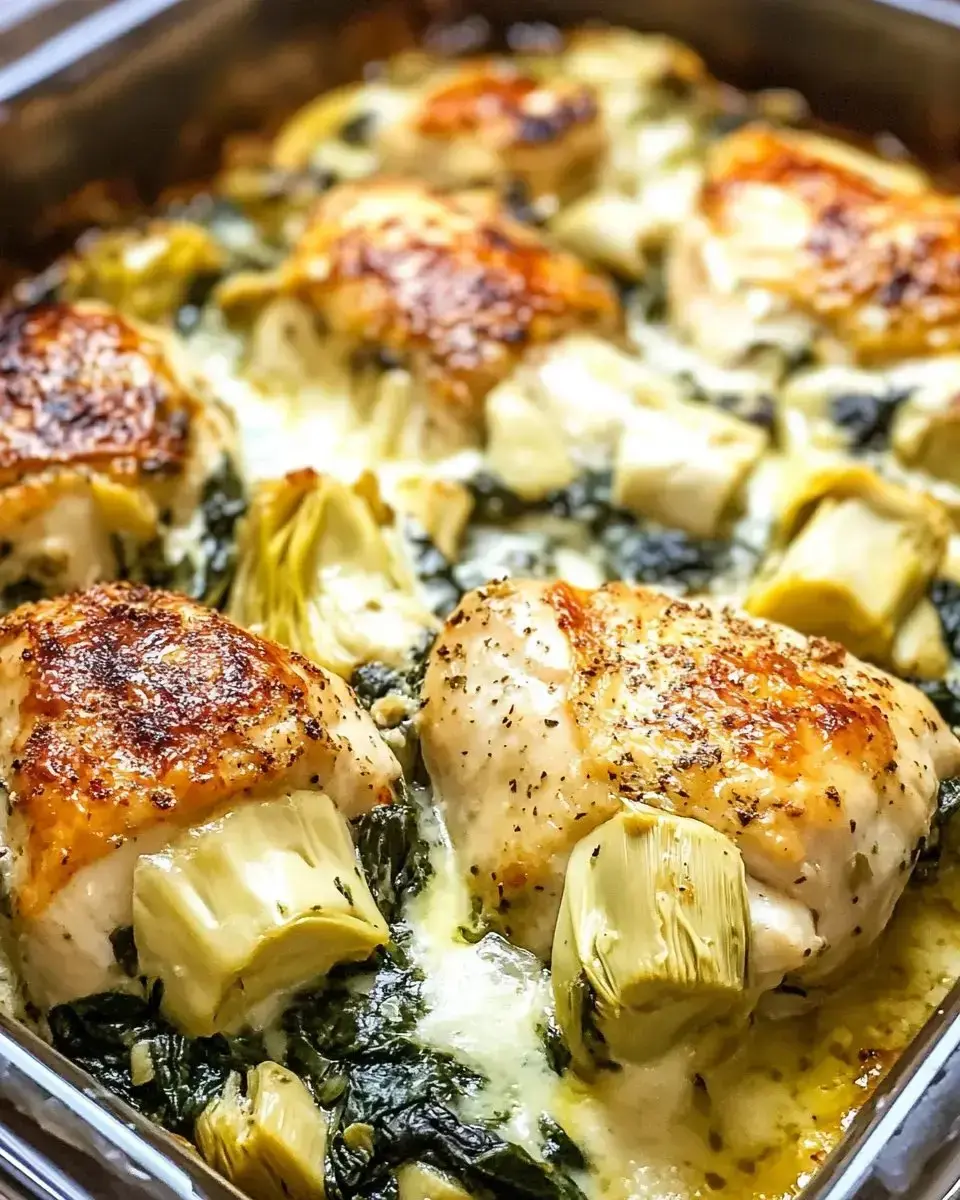 A close-up of baked chicken thighs resting on a bed of spinach and artichokes in a creamy sauce.