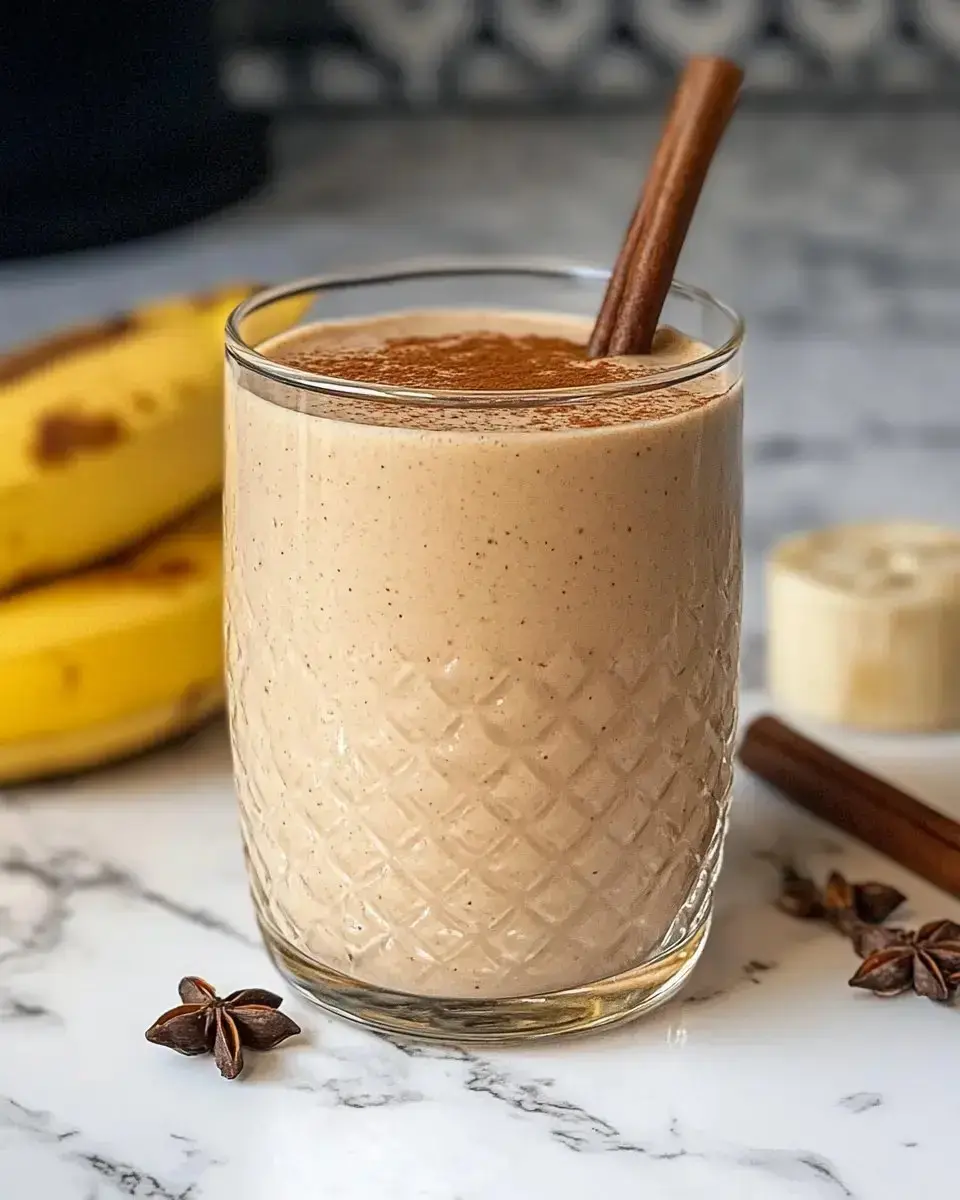 A glass of banana smoothie topped with cinnamon, surrounded by bananas and star anise on a marble countertop.