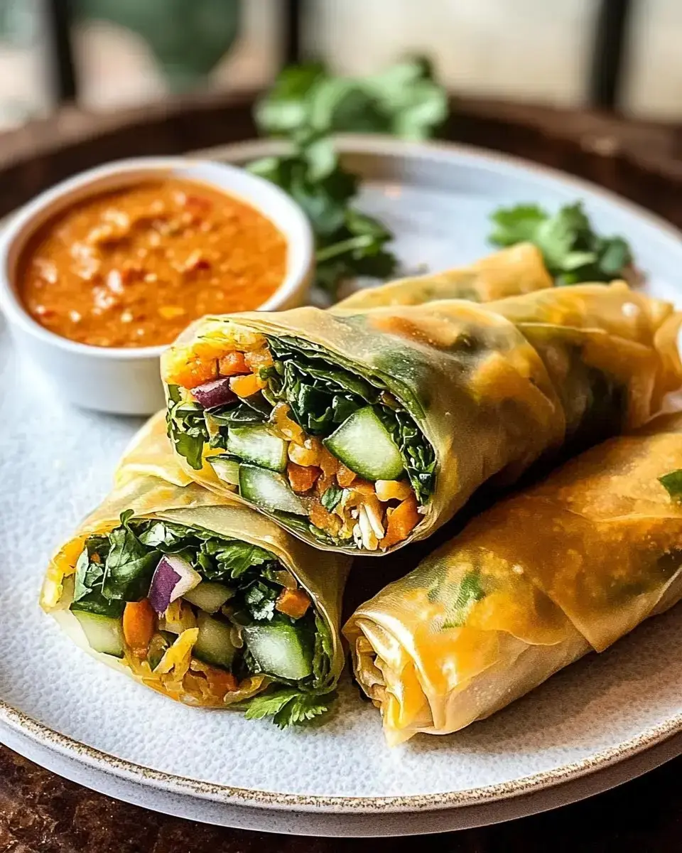 A plate of fresh vegetable spring rolls filled with greens, carrots, and cucumbers, accompanied by a small bowl of dipping sauce.