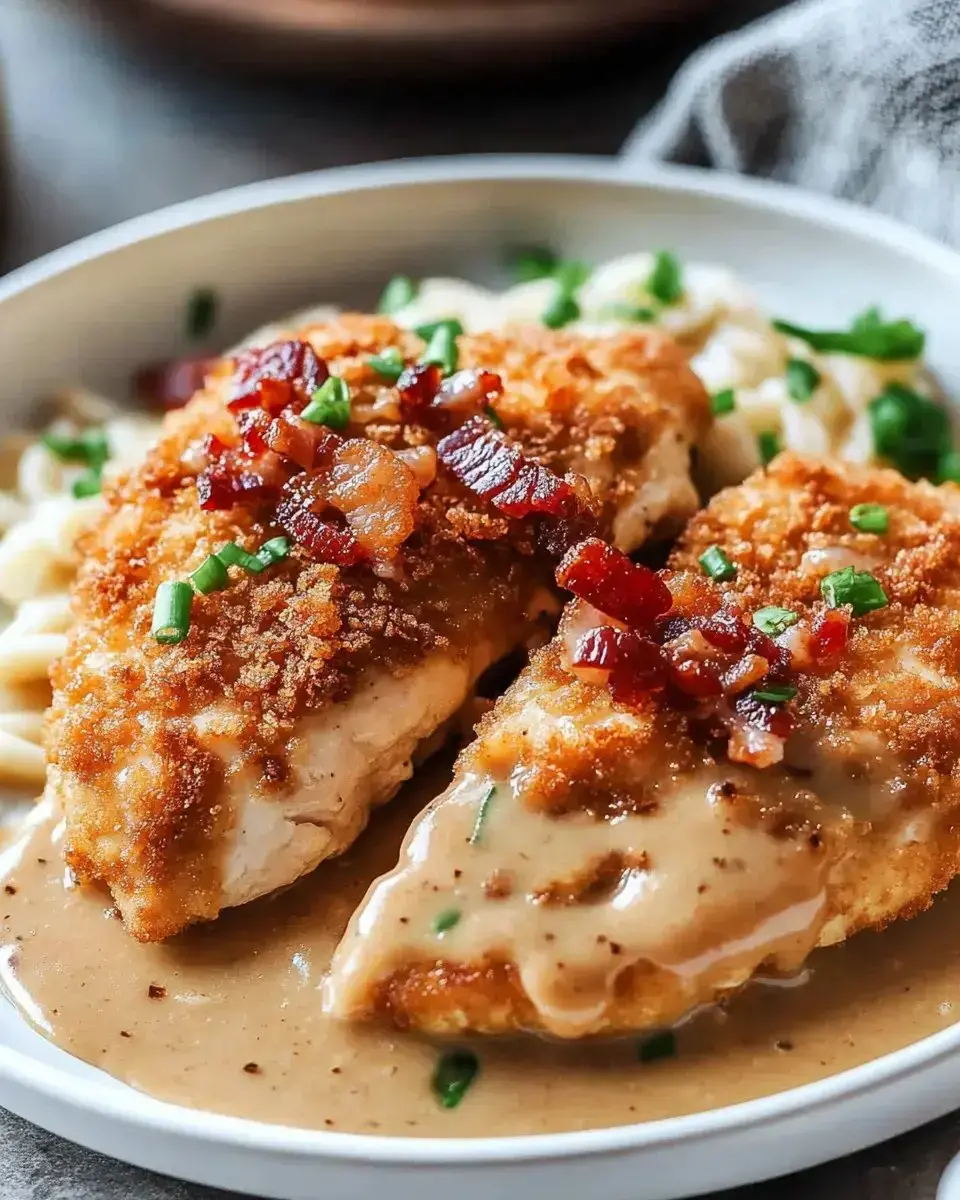 A plate of crispy fried chicken topped with bacon bits and gravy, served over a bed of pasta.