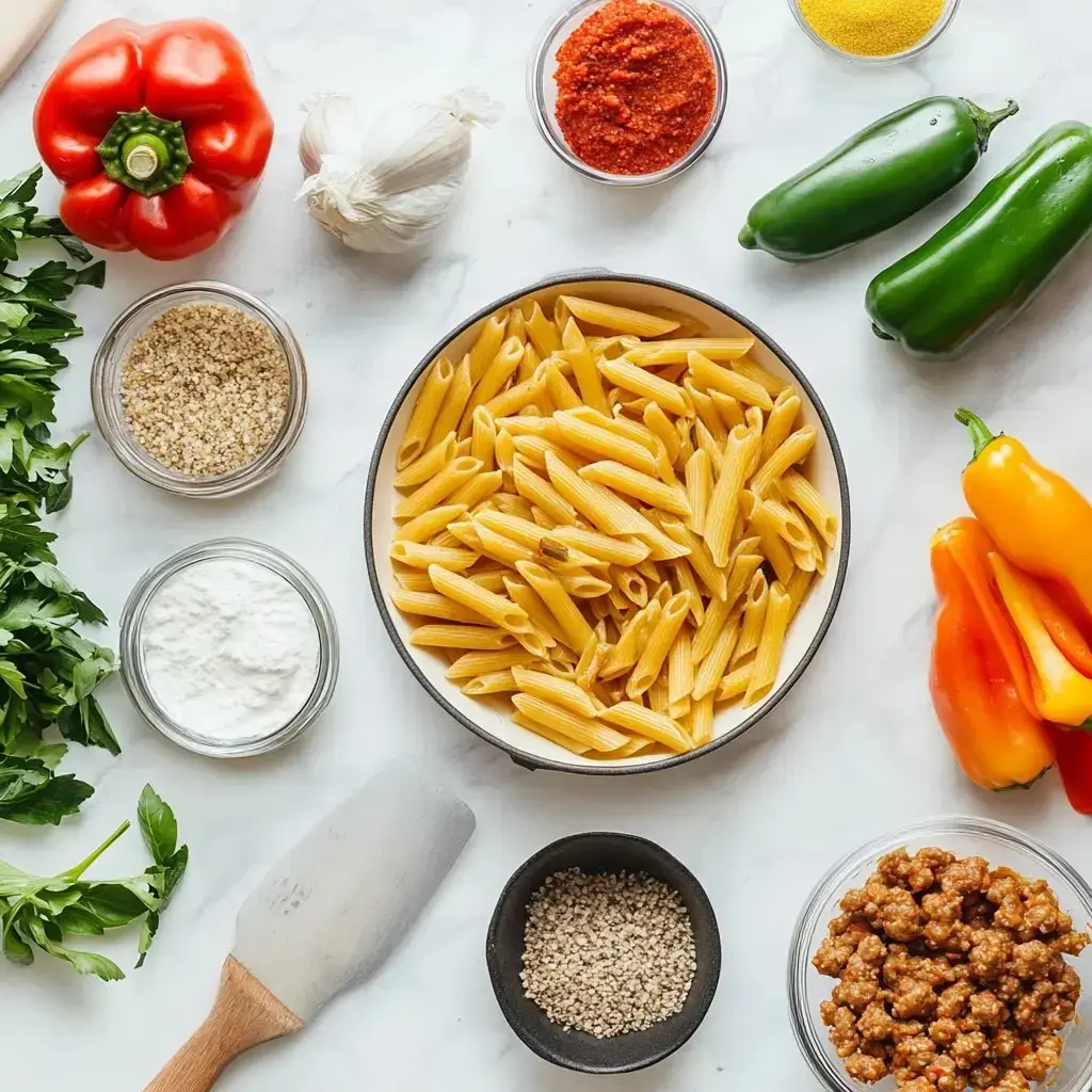 A variety of fresh ingredients, including pasta, peppers, garlic, and herbs, are arranged on a marble surface, ready for cooking.