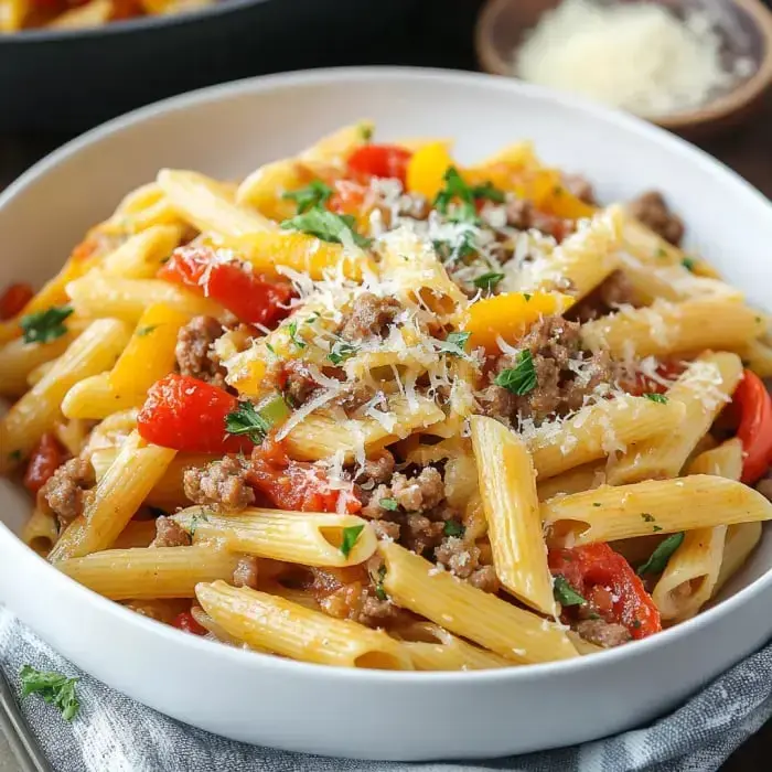 A bowl of pasta with ground meat, cherry tomatoes, bell peppers, and grated cheese, garnished with fresh herbs.