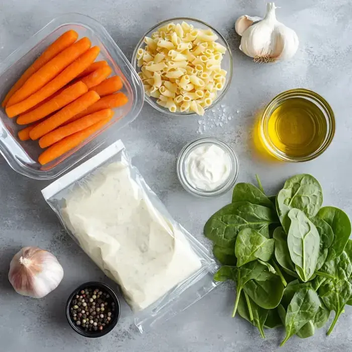 A selection of fresh ingredients for cooking, including carrots, pasta, garlic, spinach, oil, sour cream, seasoning, and a cream sauce.