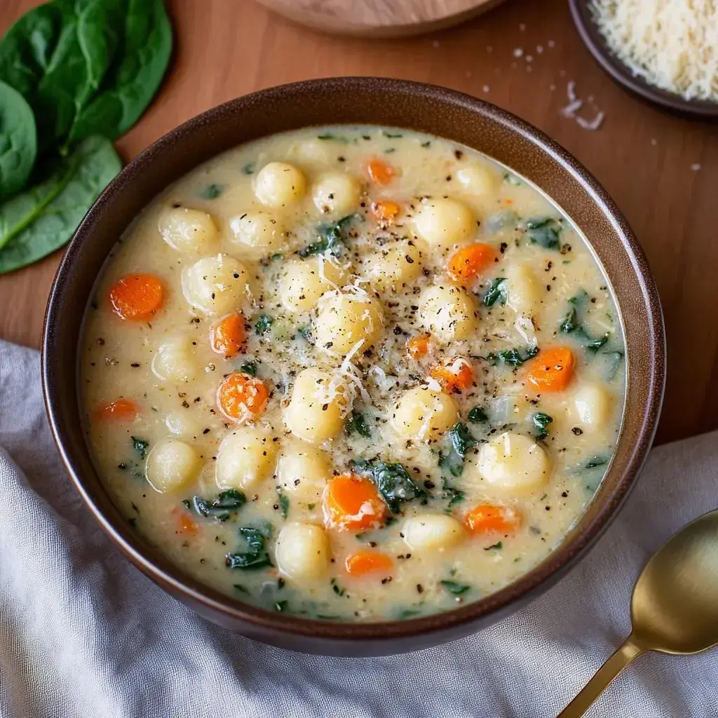 A bowl of creamy soup with gnocchi, carrots, spinach, and topped with shredded cheese and black pepper.