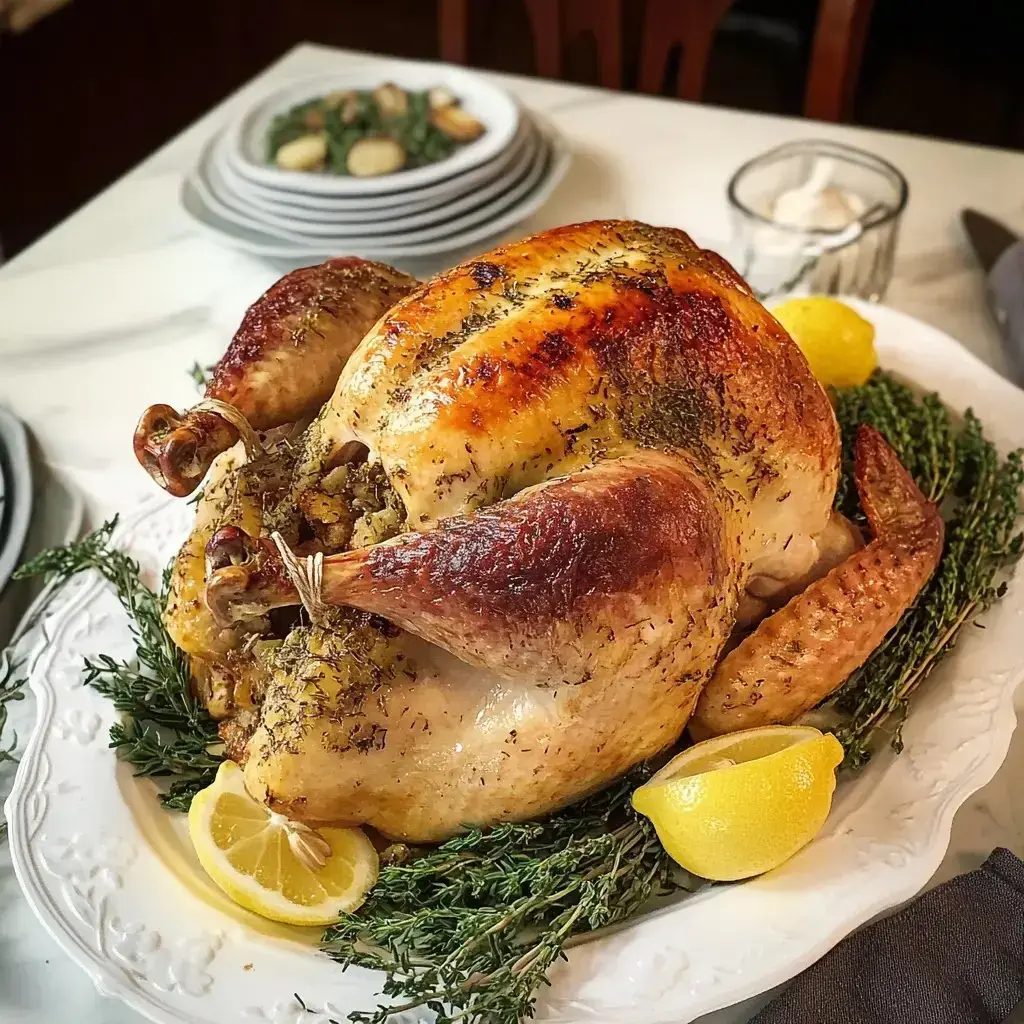 A beautifully roasted turkey is presented on a white platter, surrounded by fresh thyme and garnished with lemon halves.