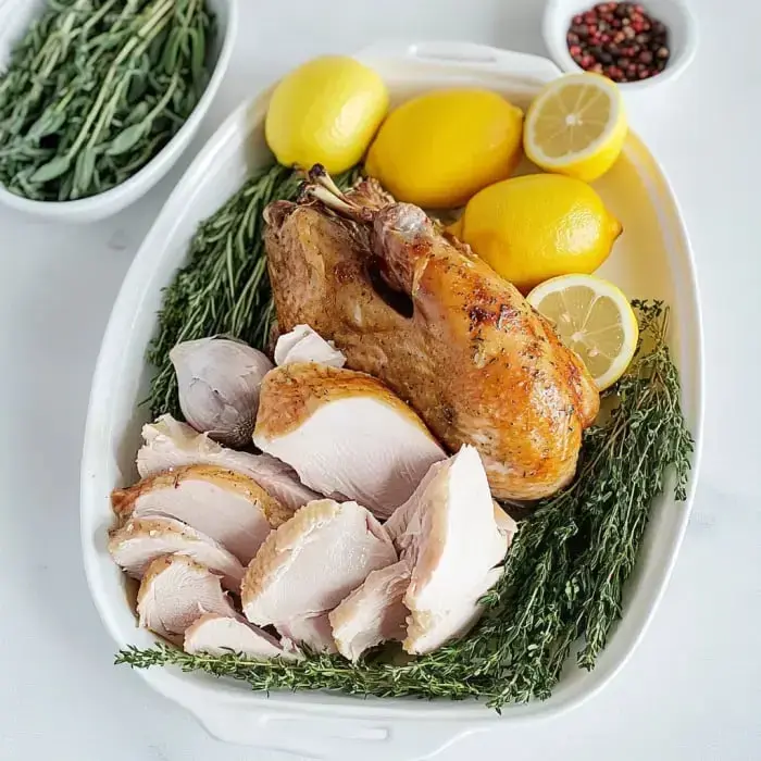 A platter featuring a roasted chicken, sliced white meat, lemons, and fresh herbs.