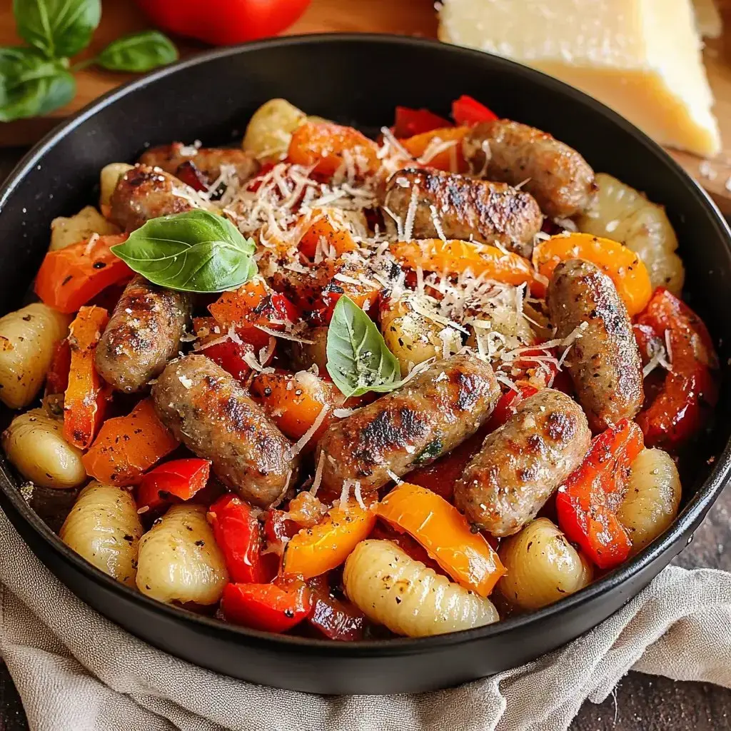 A serving of gnocchi topped with grilled sausages, sautéed bell peppers, and garnished with fresh basil and grated cheese in a black bowl.