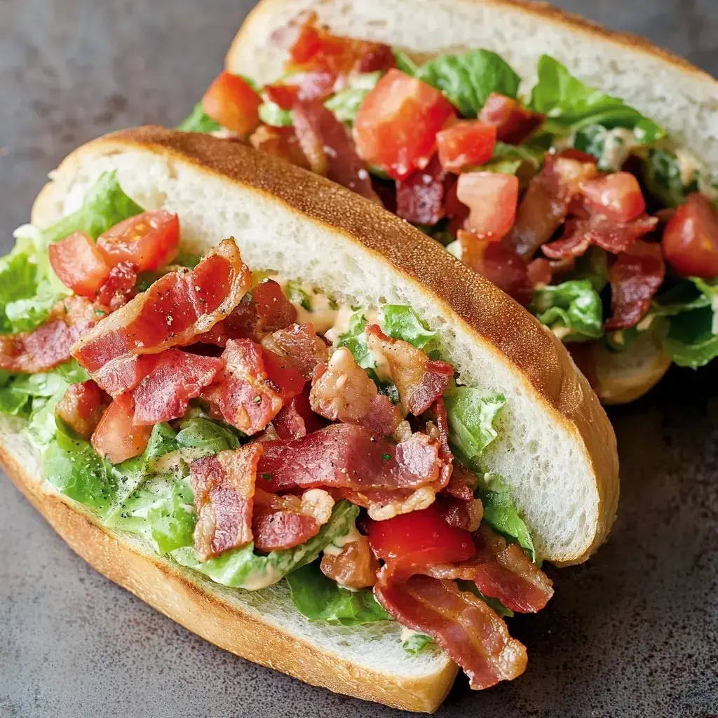 Two sandwiches filled with lettuce, tomatoes, and crispy bacon on soft bread.