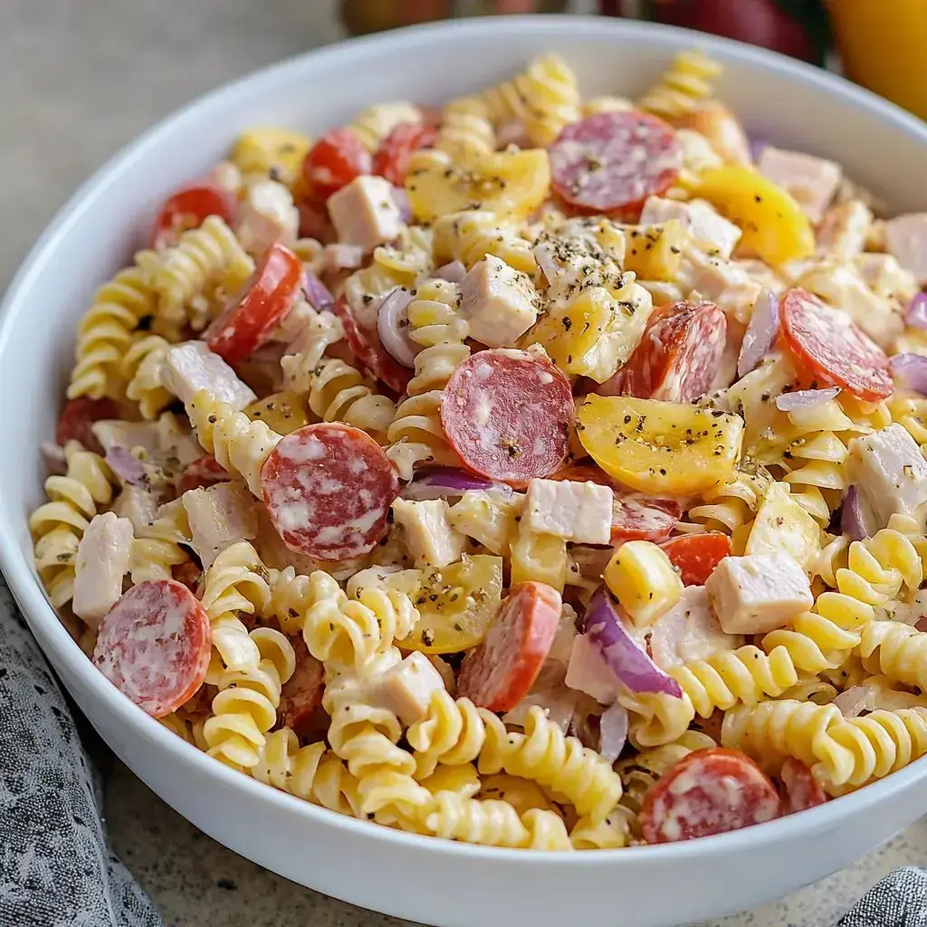 A close-up view of a bowl of creamy pasta salad featuring rotini, diced chicken, salami slices, yellow bell peppers, and red onion, garnished with black pepper.