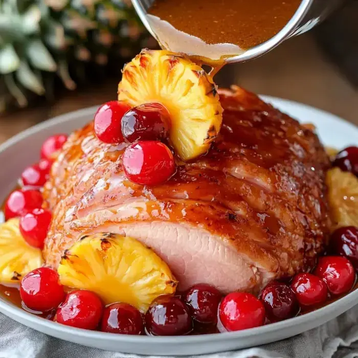 A glazed ham topped with pineapple slices and cherries is being drizzled with sauce on a white plate.