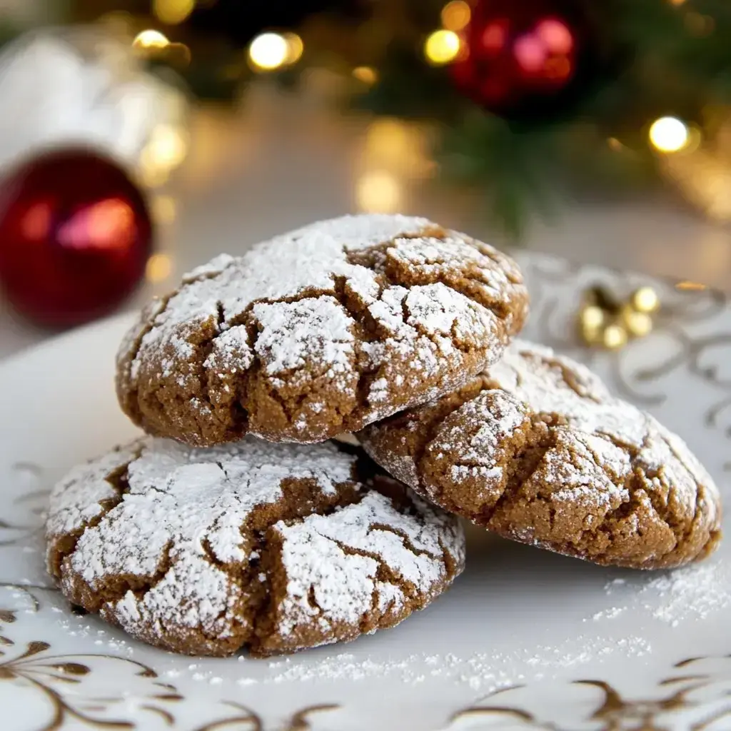 A close-up of three powdered sugar-dusted cookies on an elegant plate, with festive decorations in the background.