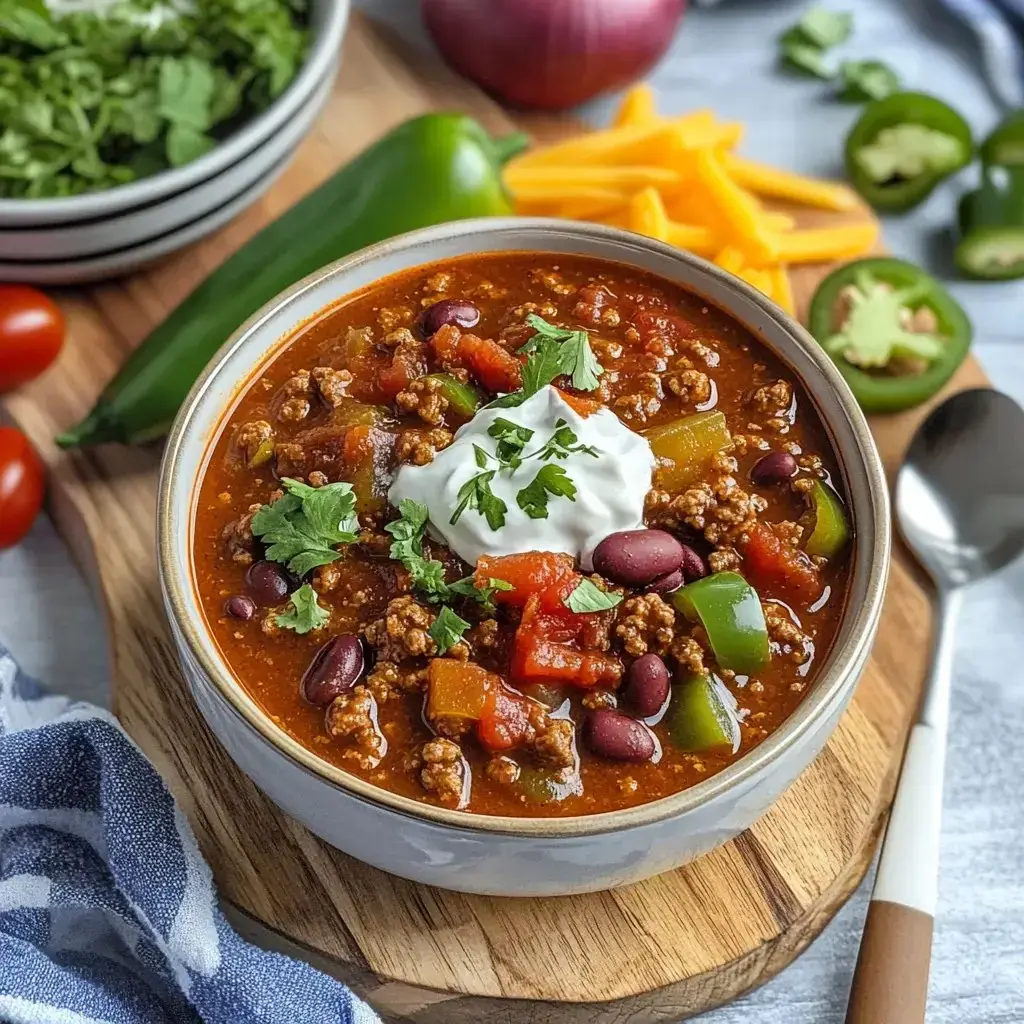 A bowl of hearty chili topped with sour cream and cilantro, accompanied by fresh ingredients including tomatoes, jalapeños, cheese, and cilantro.