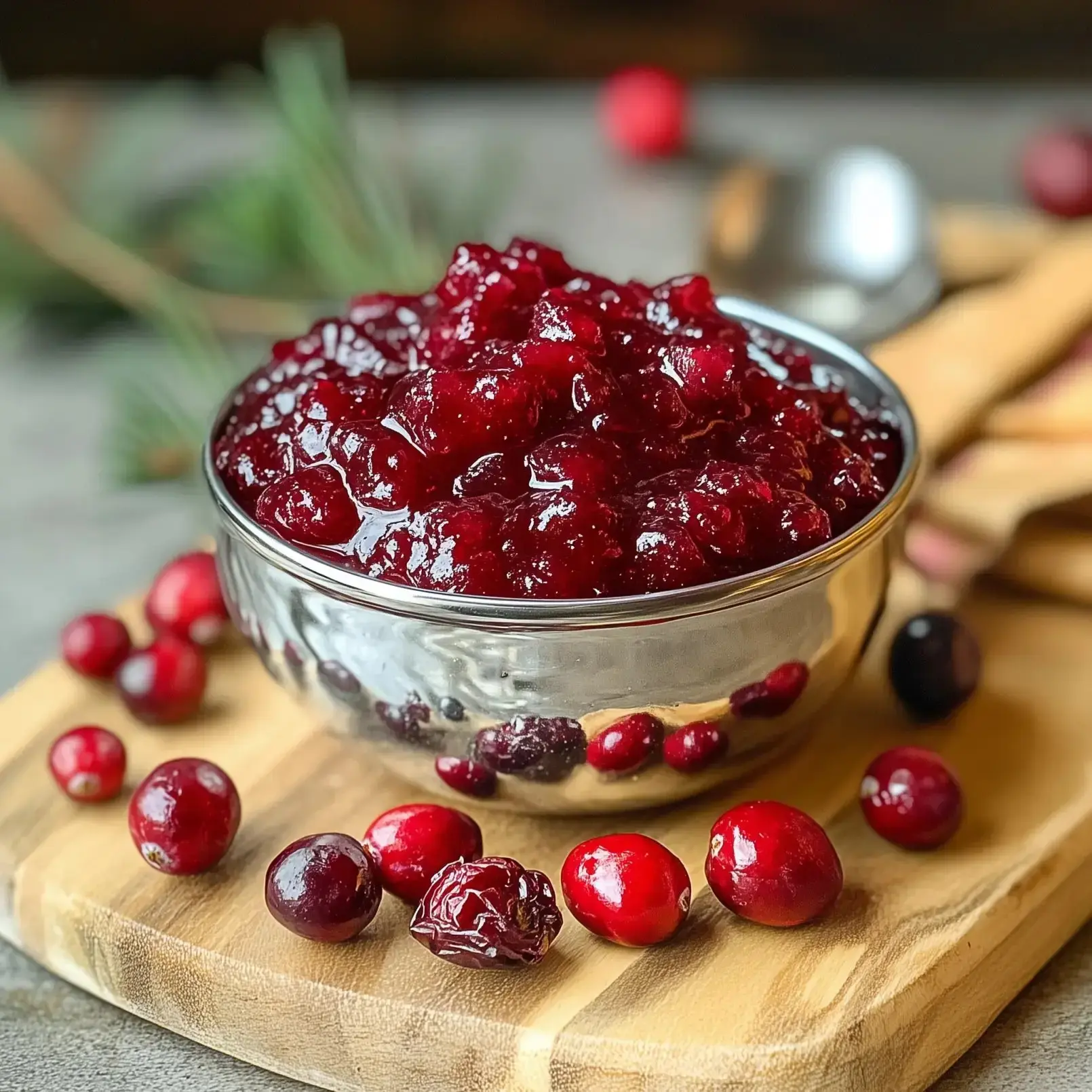 A silver bowl filled with glossy cranberry sauce is surrounded by fresh cranberries on a wooden cutting board.