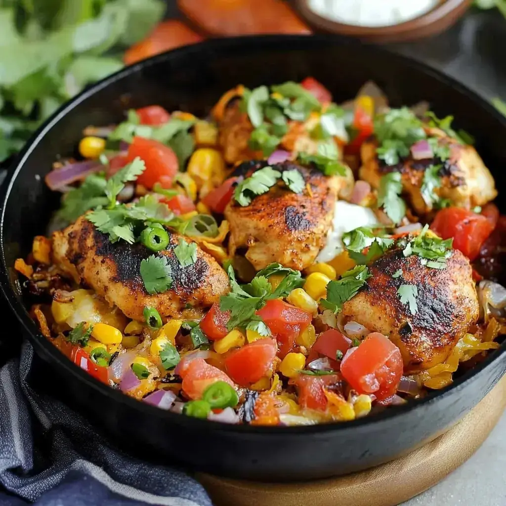 A skillet filled with seasoned chicken thighs over a colorful mix of corn, tomatoes, onions, and garnished with fresh cilantro.