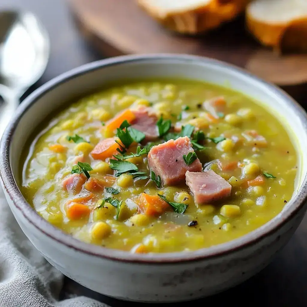 A bowl of pea soup garnished with parsley and diced ham, accompanied by slices of bread in the background.