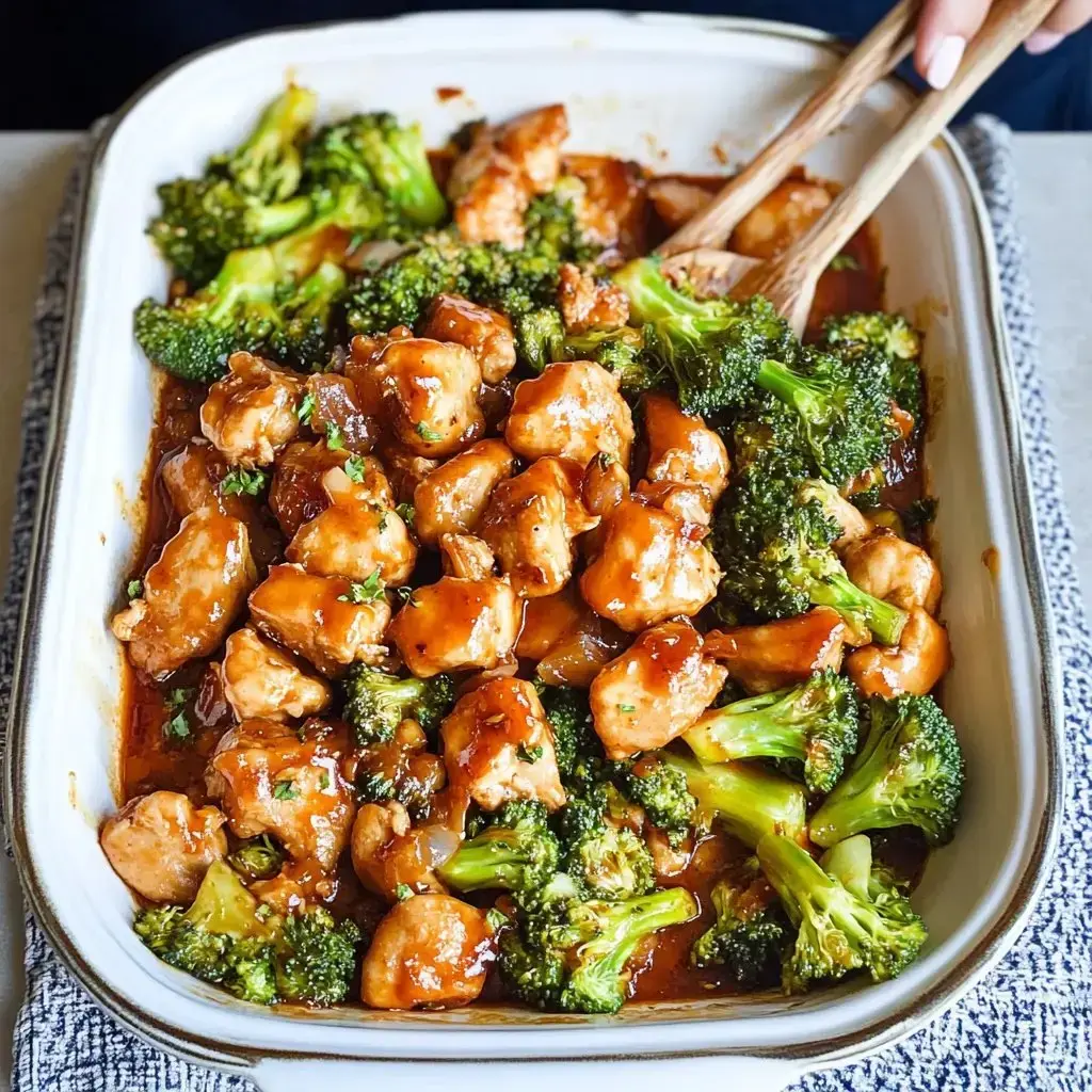 A dish of chicken and broccoli in a savory sauce, garnished with herbs and served with wooden serving utensils.