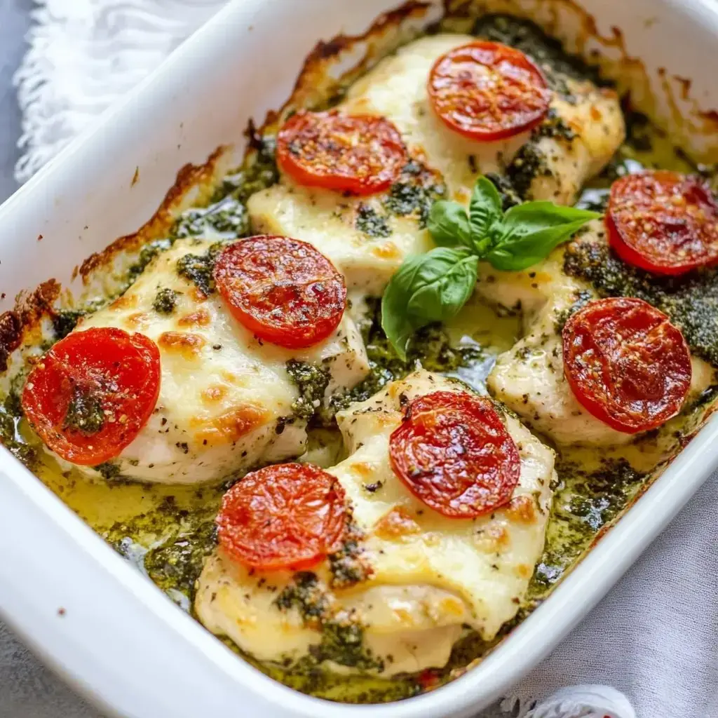 Baked chicken topped with melted cheese, sliced tomatoes, and basil in a white dish.