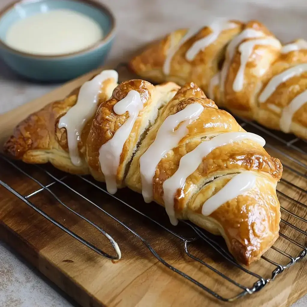 A plate of freshly baked pastries drizzled with icing, accompanied by a small bowl of creamy glaze.