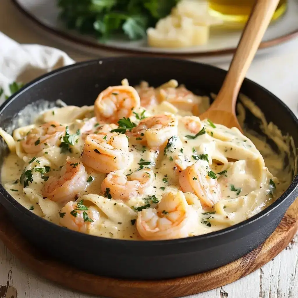 A creamy shrimp pasta dish garnished with parsley in a black skillet, served on a wooden board.