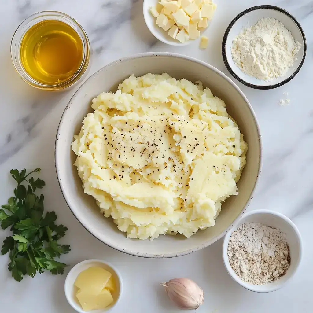 A bowl of creamy mashed potatoes is surrounded by ingredients including olive oil, butter, flour, garlic, and fresh parsley.