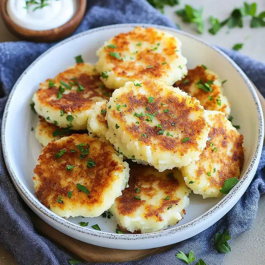 A plate of golden-brown, crispy potato cakes garnished with chopped parsley, accompanied by a small bowl of sour cream.