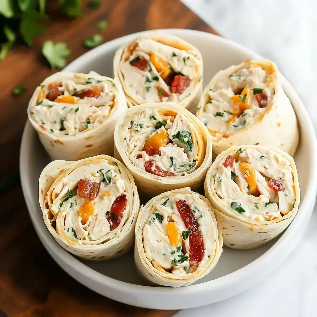 A bowl of sliced pinwheel wraps filled with cream cheese, chicken, bacon, cheese, and herbs.