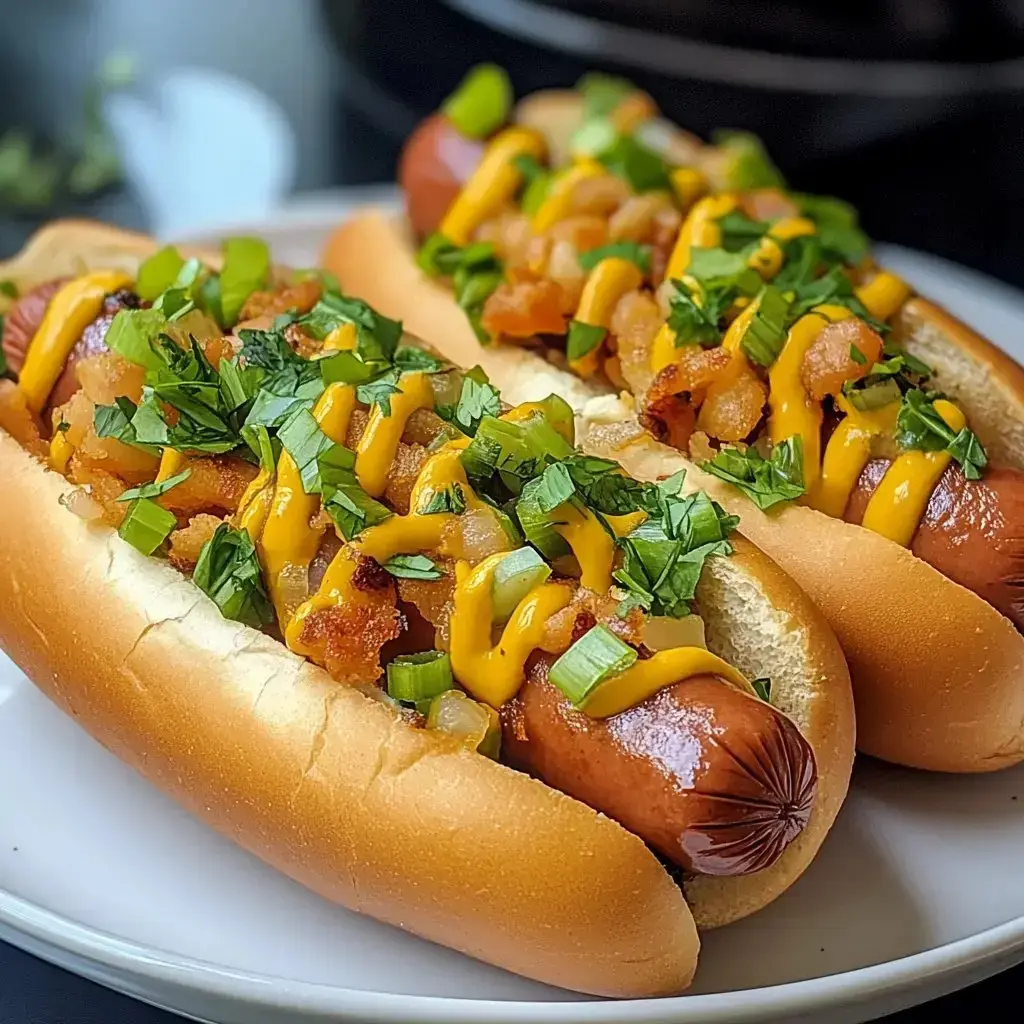 Two hot dogs in soft buns are topped with diced onions, green onions, cilantro, and yellow mustard.