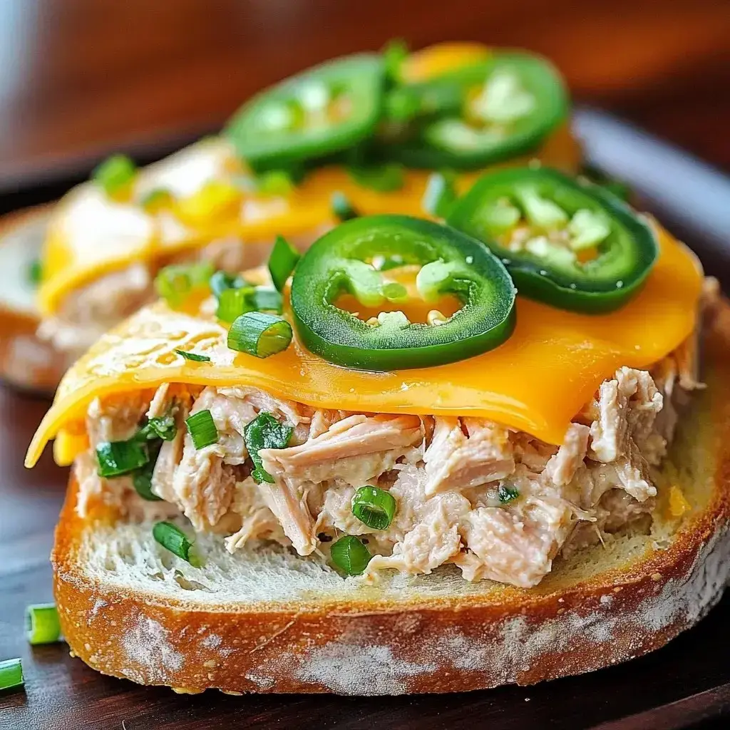 A close-up of a slice of bread topped with shredded chicken, melted cheddar cheese, sliced jalapeños, and chopped green onions.