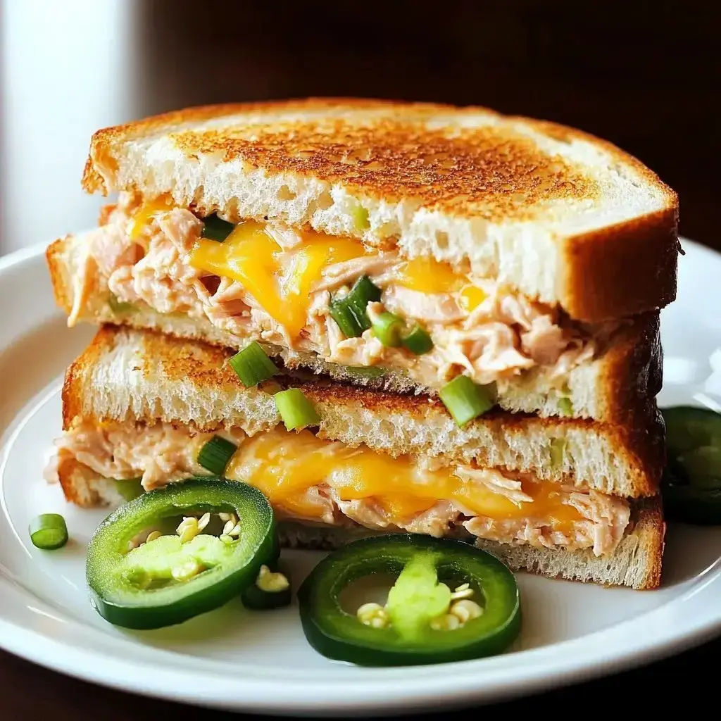 A close-up of a grilled sandwich filled with shredded chicken and melted cheddar cheese, served with sliced jalapeños on a white plate.