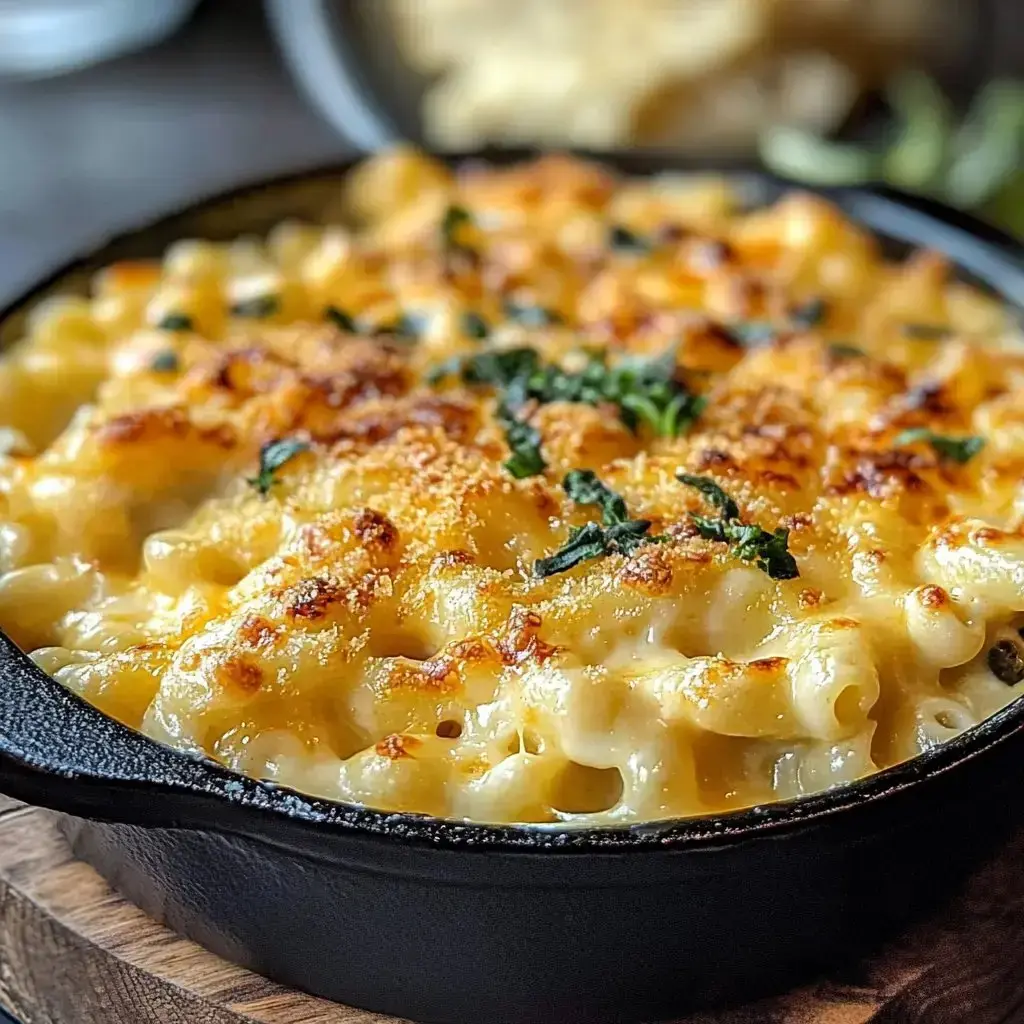 A close-up of a creamy, golden-brown baked macaroni and cheese in a cast-iron skillet, topped with green herbs and a crunchy layer.