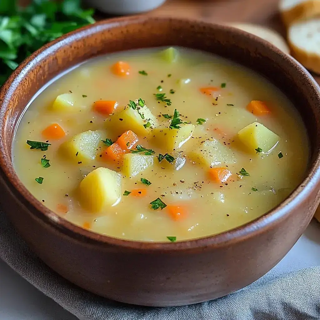 A bowl of creamy soup filled with diced potatoes, carrots, and herbs, garnished with parsley.