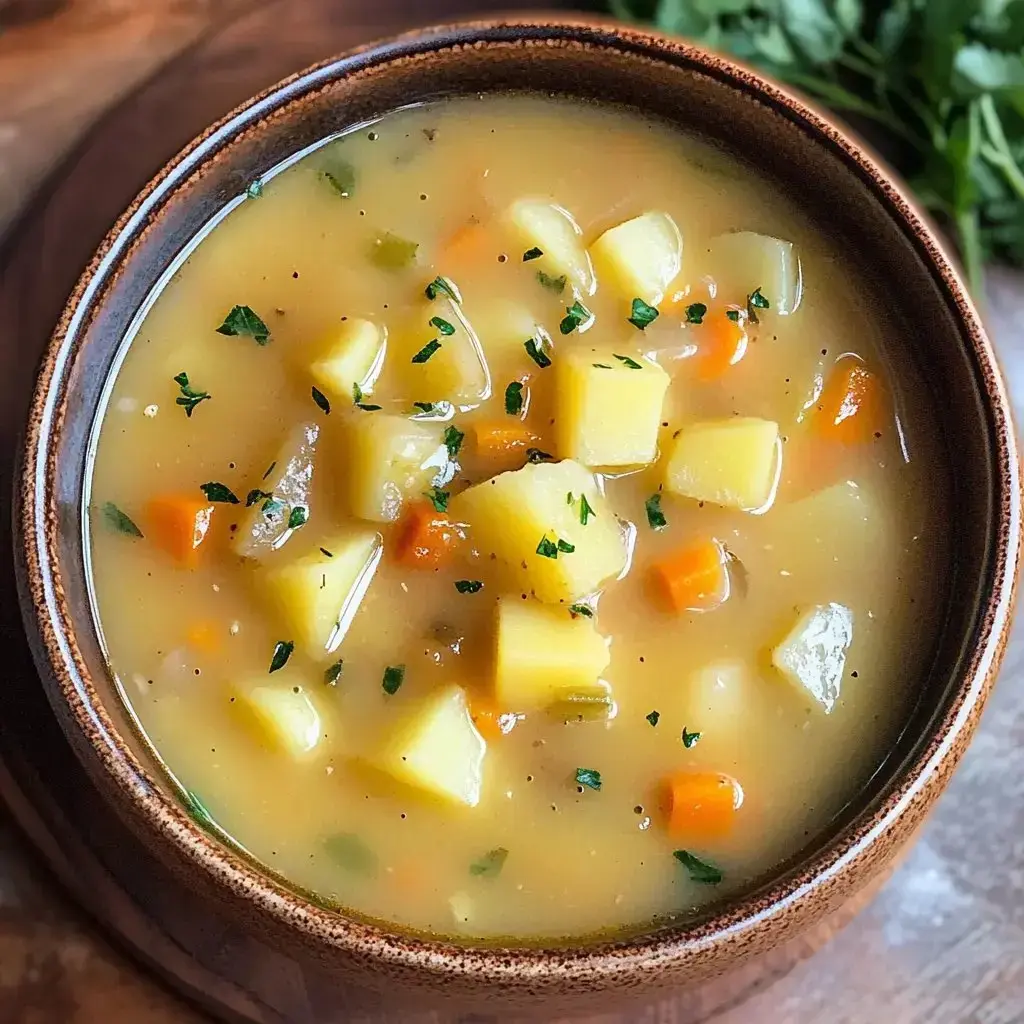 A bowl of creamy vegetable soup with chunks of potatoes, carrots, and herbs.