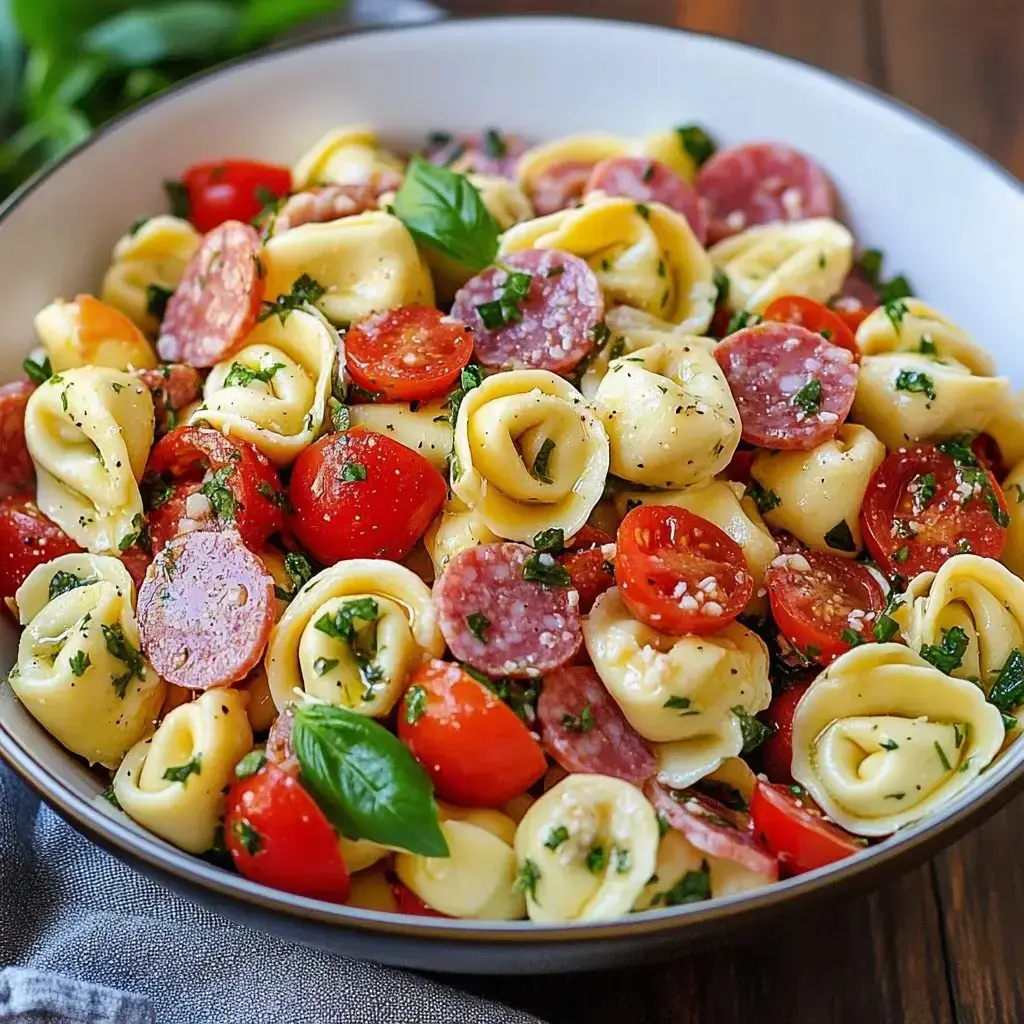 A bowl of pasta salad featuring tortellini, cherry tomatoes, salami slices, and fresh basil, garnished with herbs.