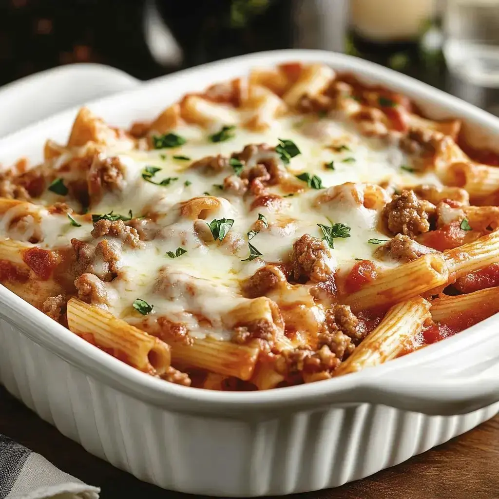 A baked pasta dish with rigatoni, ground meat, marinara sauce, and melted cheese, garnished with parsley.