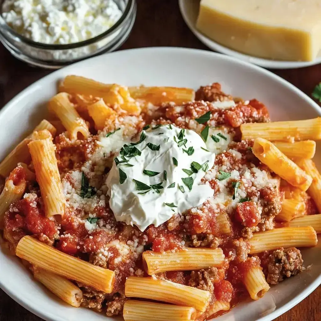 A bowl of rigatoni pasta topped with marinara sauce, ground meat, a dollop of sour cream, and grated cheese, garnished with fresh herbs.