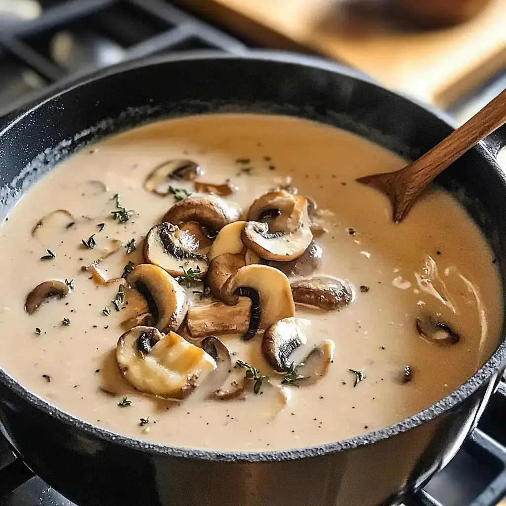 A pot of creamy mushroom soup is simmering on the stove, garnished with fresh thyme and topped with sliced mushrooms.