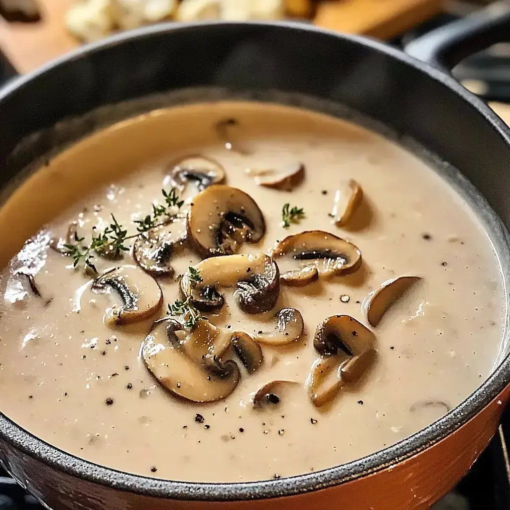 A creamy mushroom soup garnished with sliced mushrooms and fresh thyme in a pot.