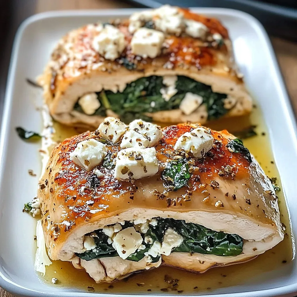 Two pieces of chicken with cheese and spinach.