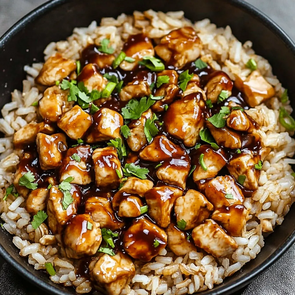 A bowl of rice with chicken and sauce.