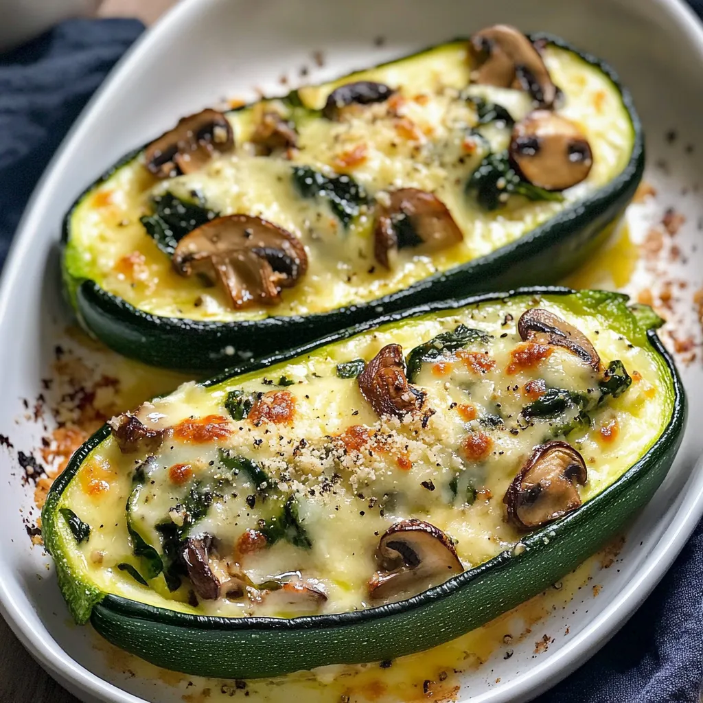 Two zucchini boats filled with mushrooms and cheese.