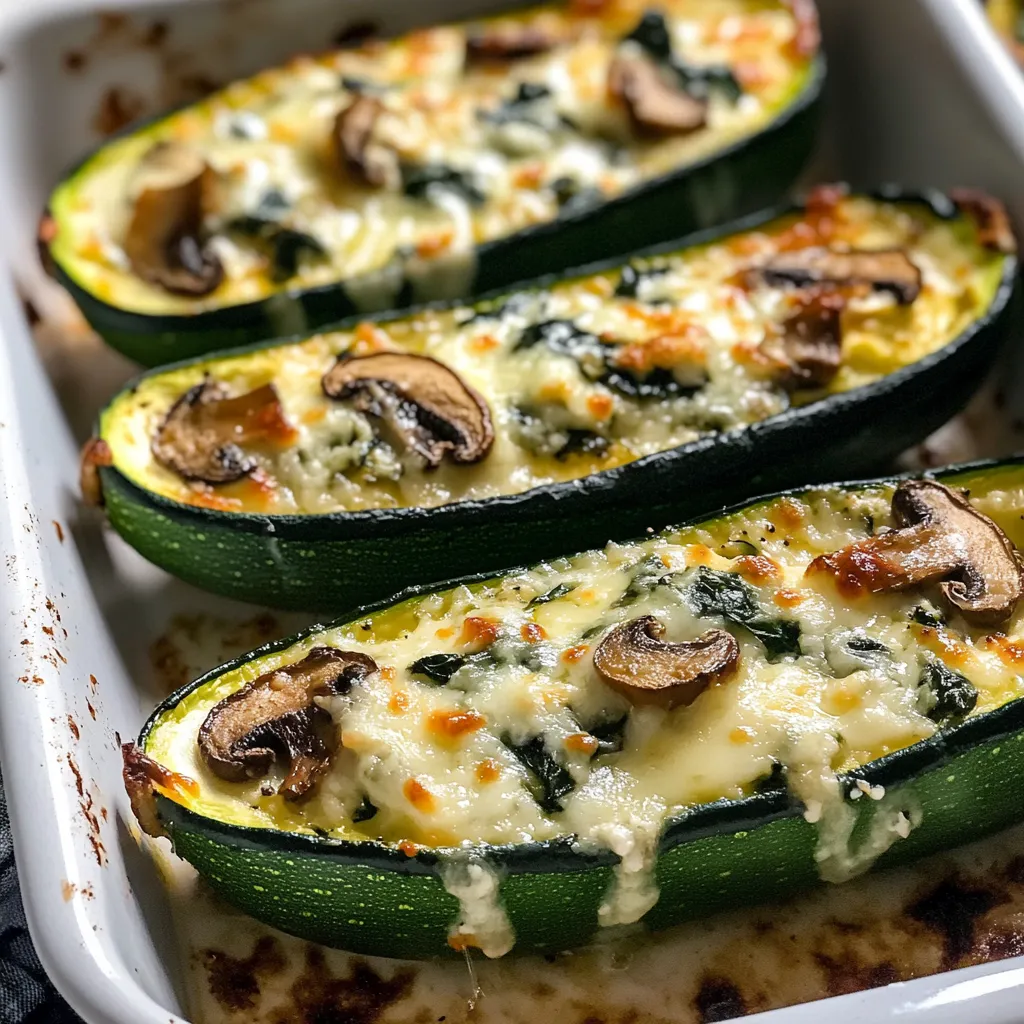 A white plate with two zucchini boats filled with cheese and mushrooms.