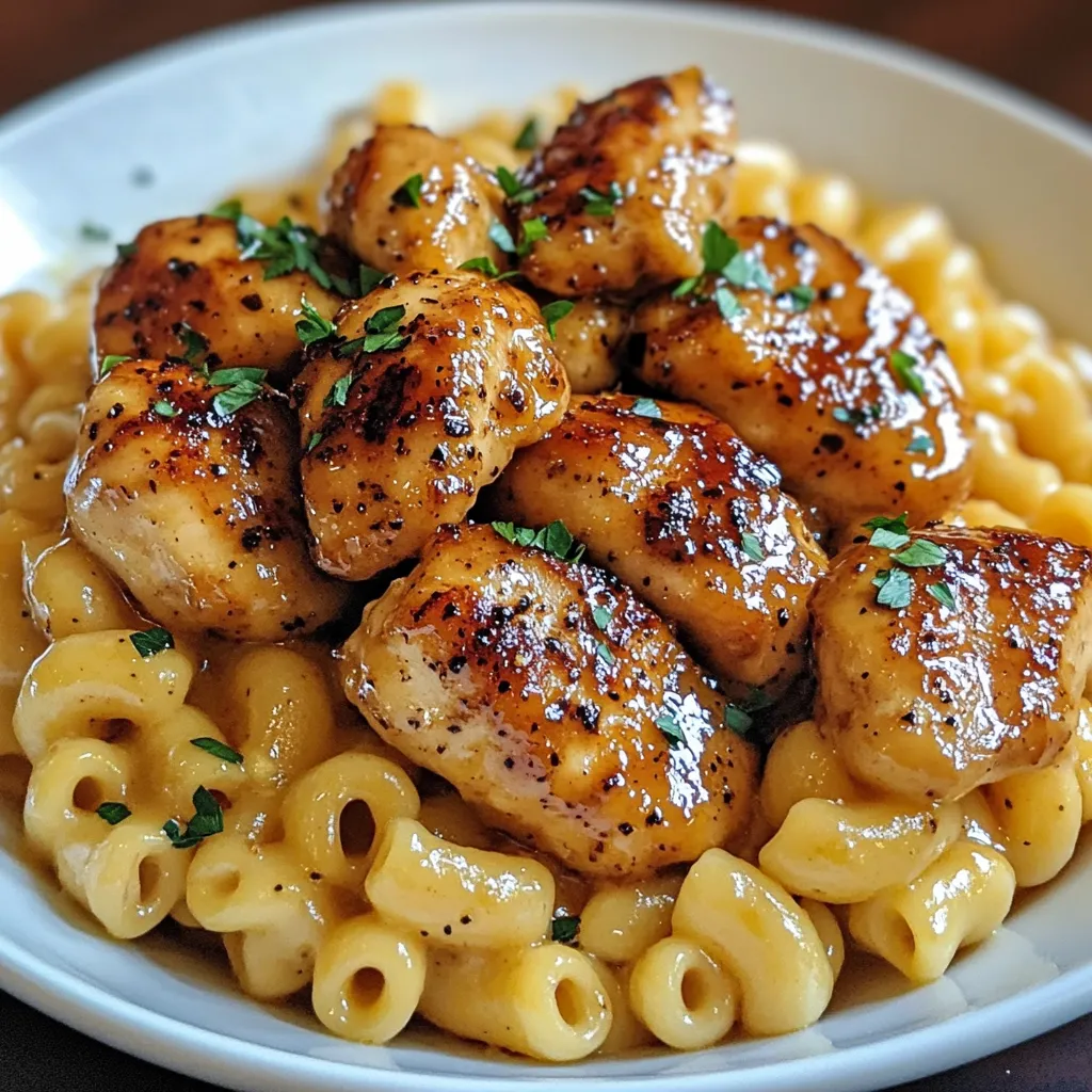 A plate of food with chicken and macaroni.