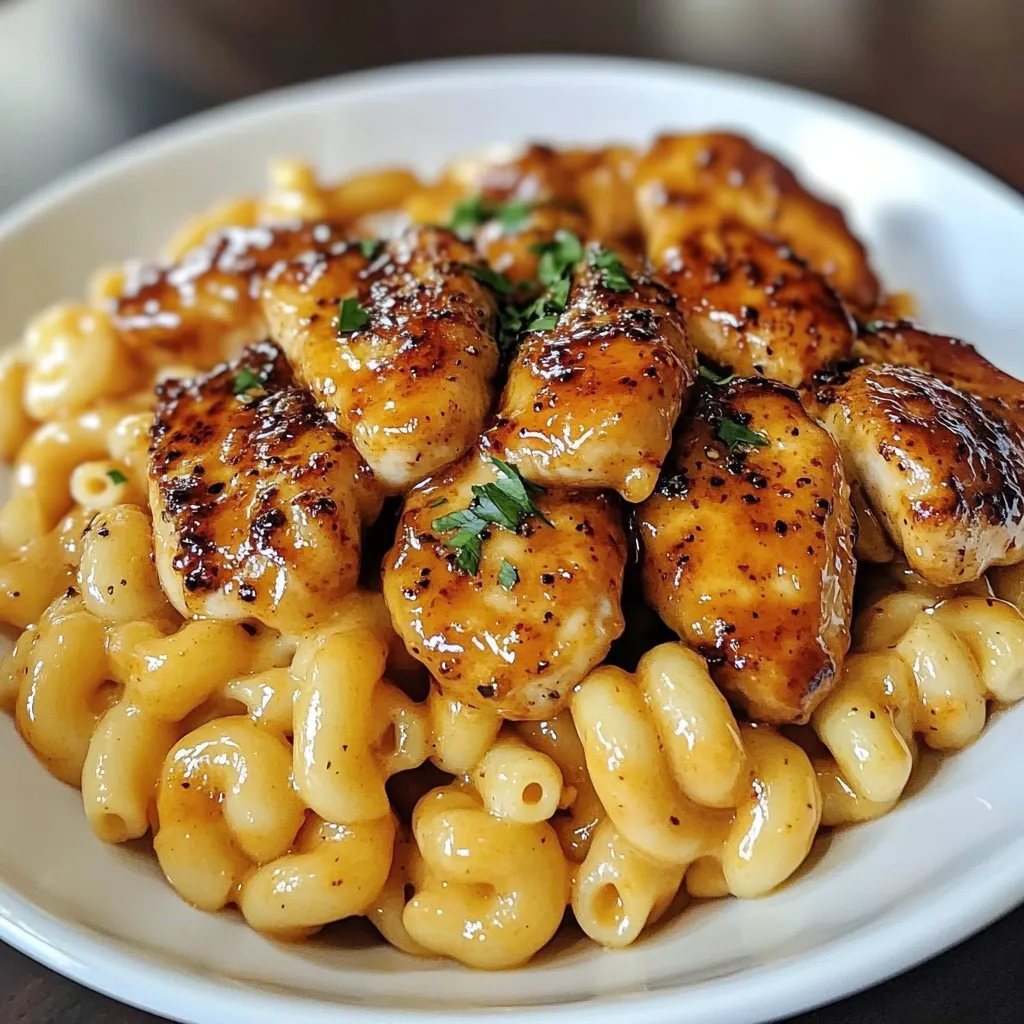 A plate of food with chicken and macaroni.